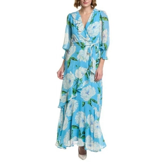 Taylor Dress Maxi Blue Floral Print A Line Size 8 Flowy Long Sleeve V Neck NWT - Picture 1 of 16